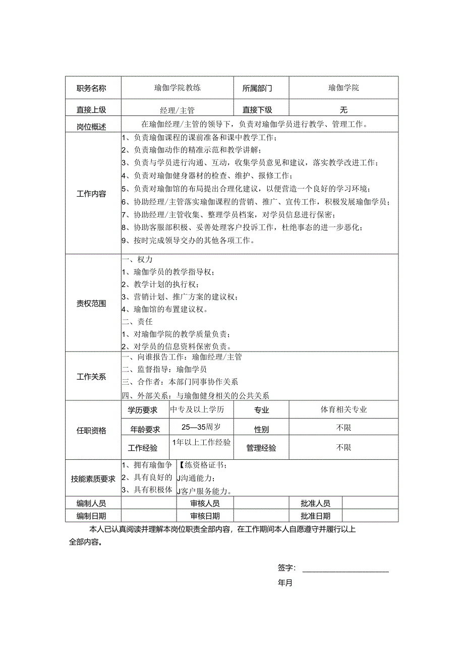 瑜伽教练岗位职责说明书.docx_第1页