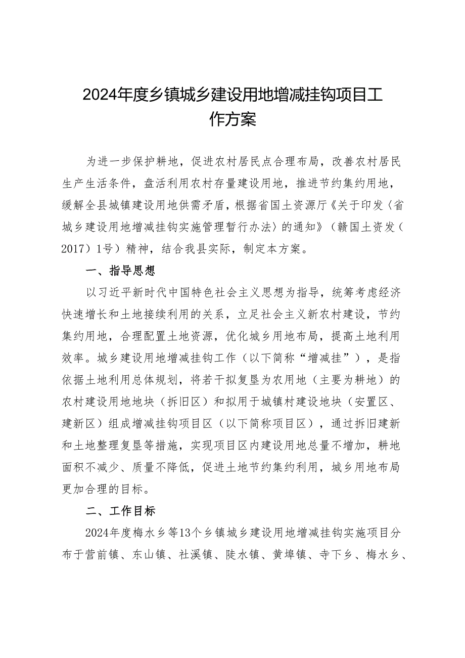 2024年度乡镇城乡建设用地增减挂钩项目工作方案.docx_第1页