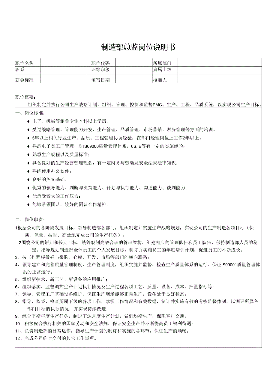 制造部总监岗位说明书.docx_第1页