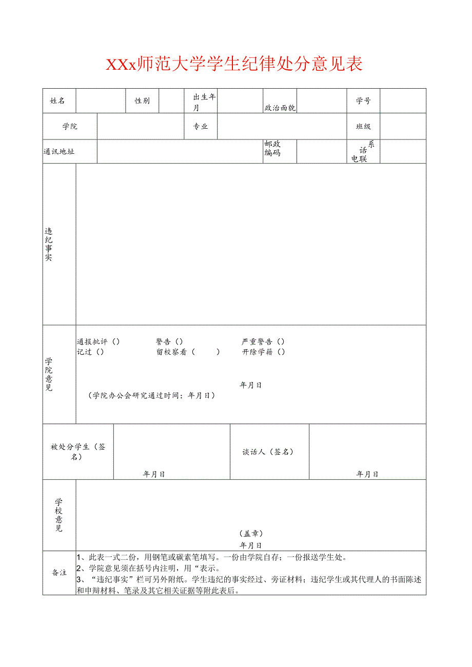 大学学生纪律处分意见表模板.docx_第1页