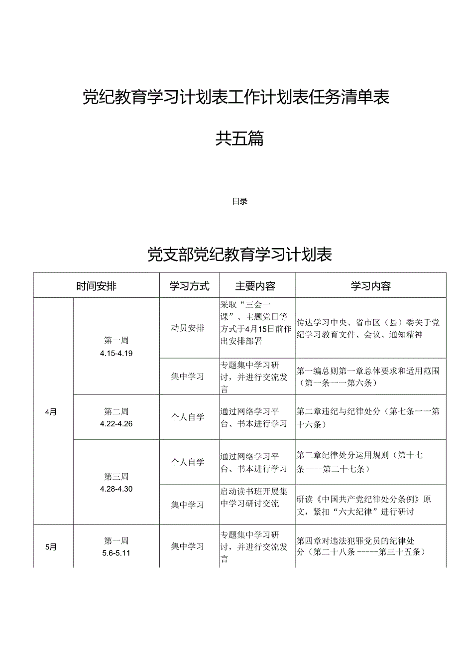 党纪教育学习计划表工作计划表任务清单表共六篇.docx_第1页