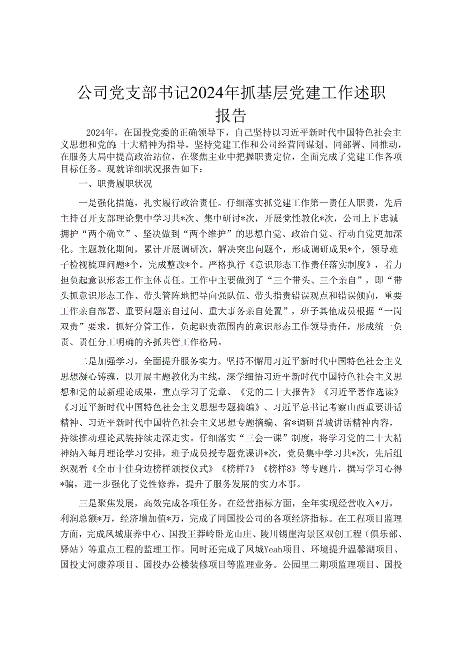 公司党支部书记2024年抓基层党建工作述职报告.docx_第1页