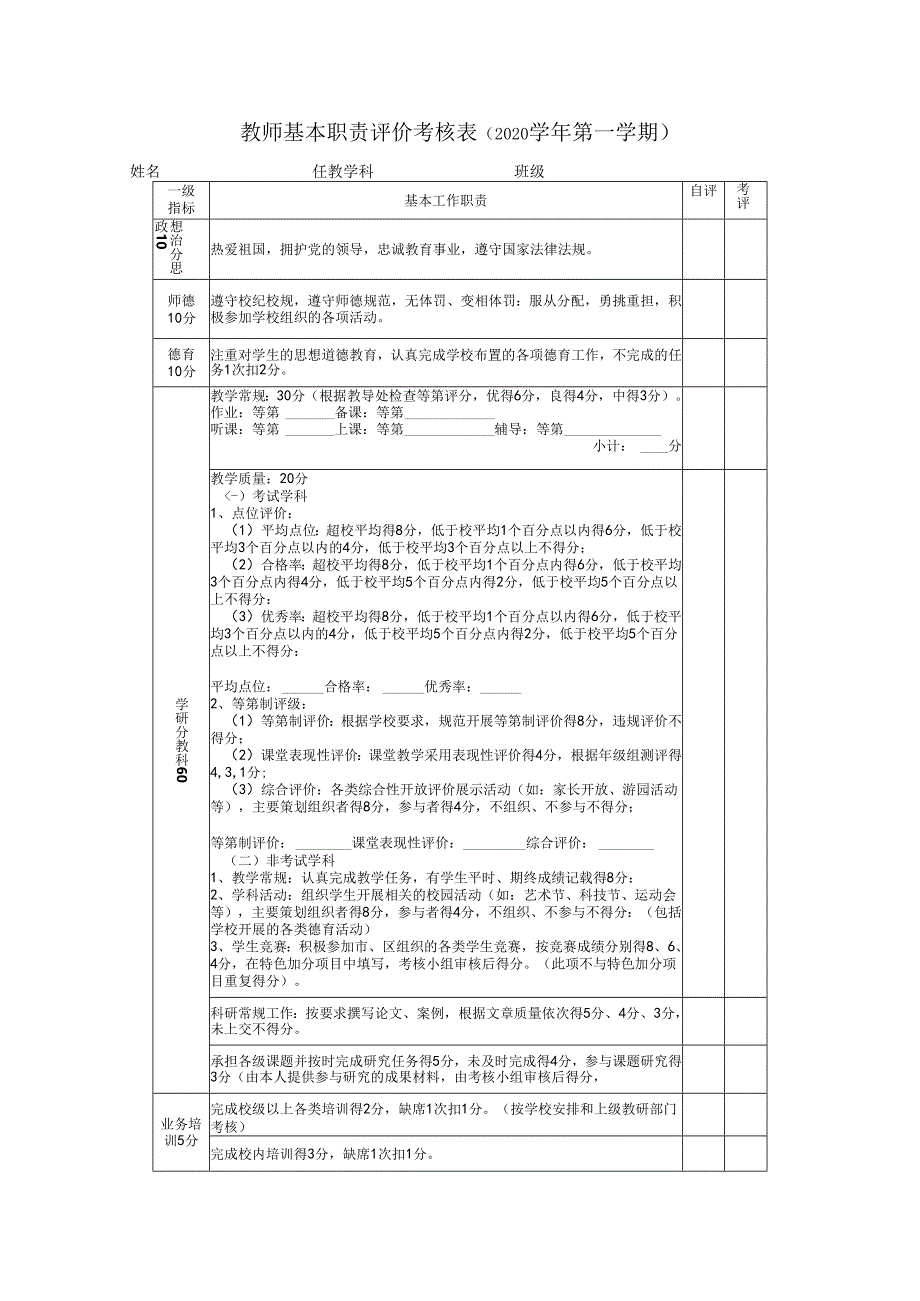 教师基本职责评价考核表（2020学年第一学期）.docx_第1页