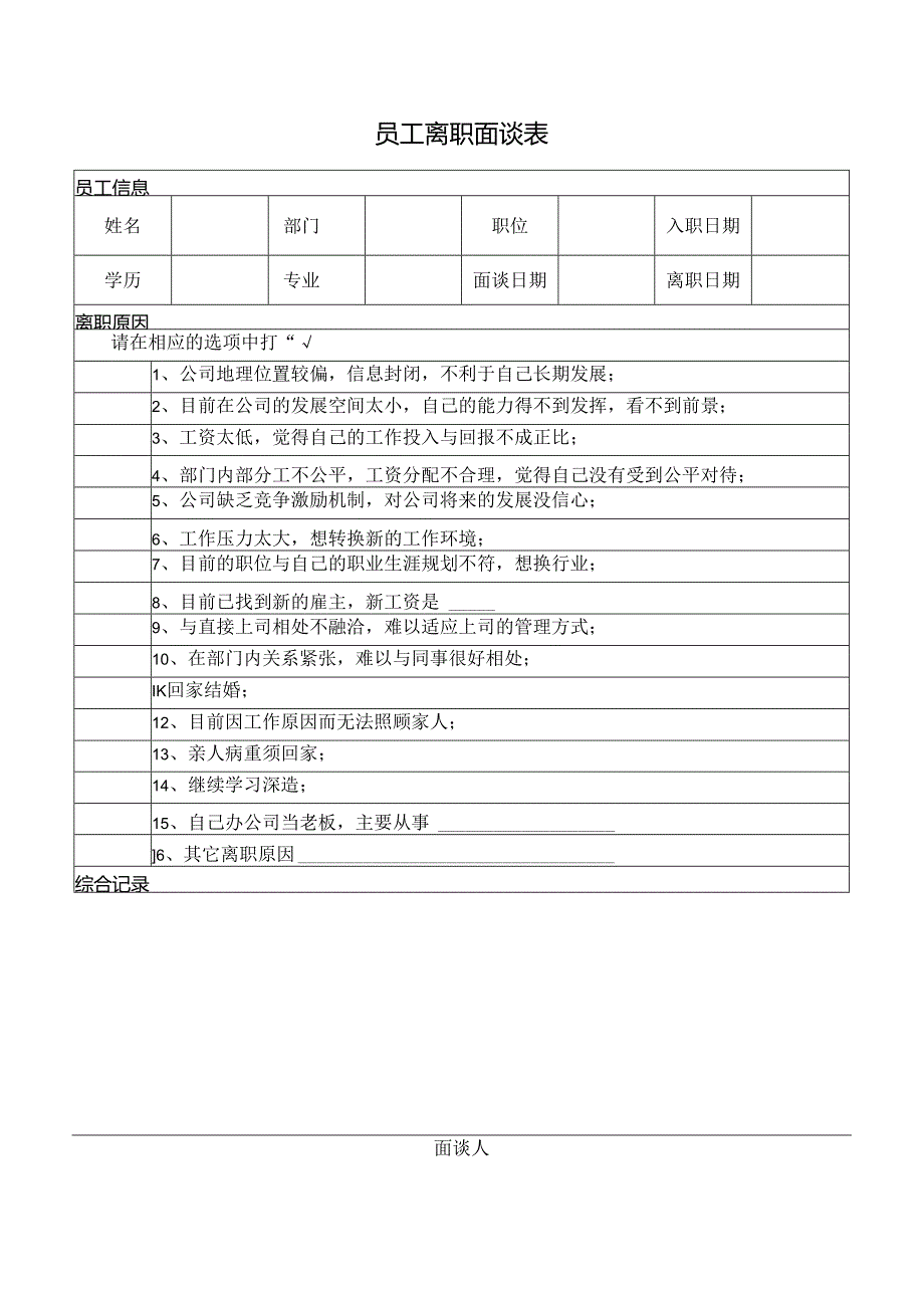 员工离职面谈表.docx_第1页