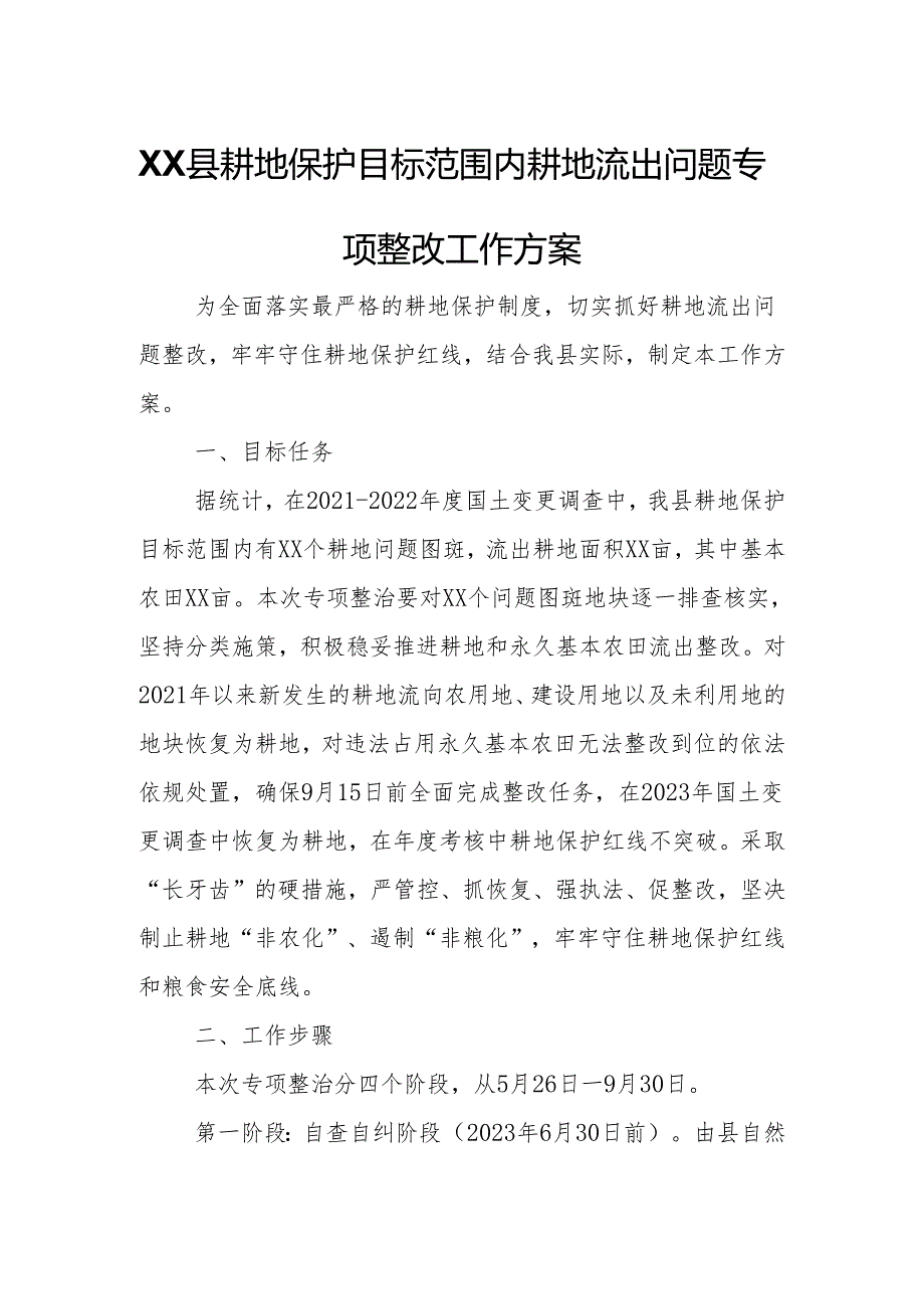 XX县耕地保护目标范围内耕地流出问题专项整改工作方案.docx_第1页