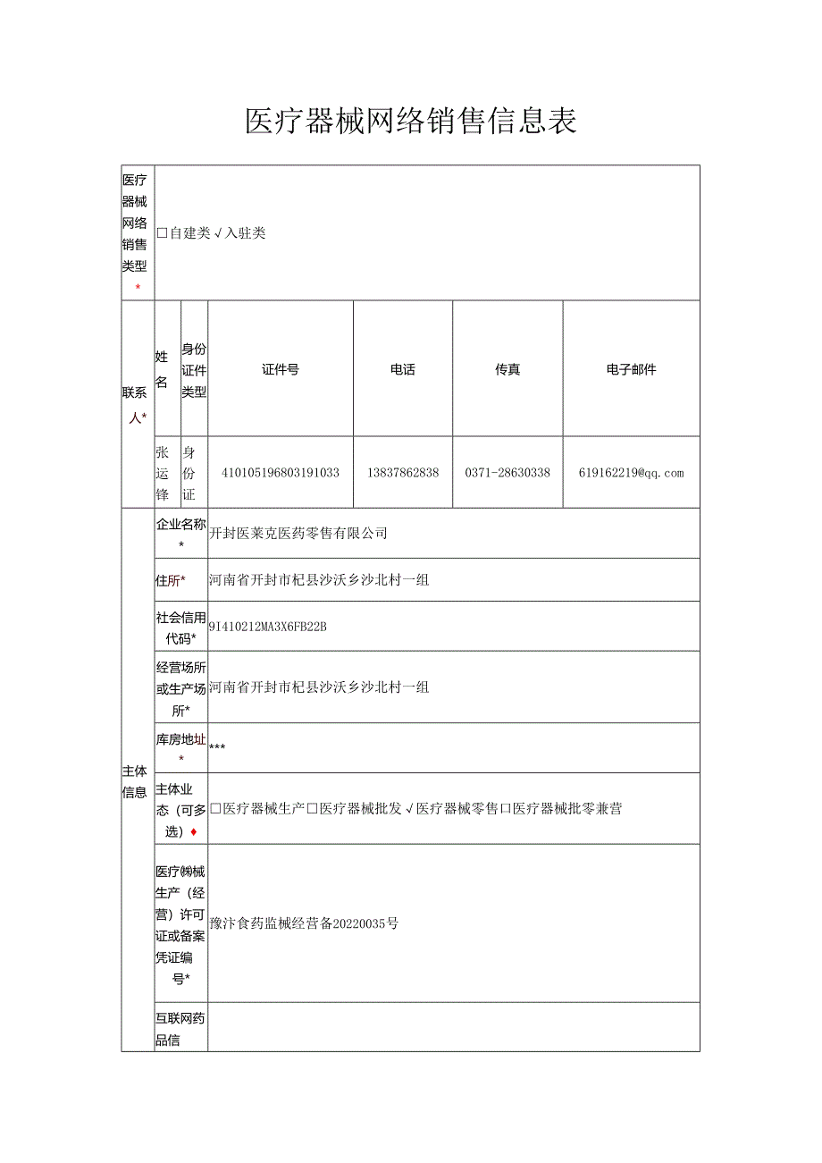 医疗器械网络销售信息表.docx_第1页