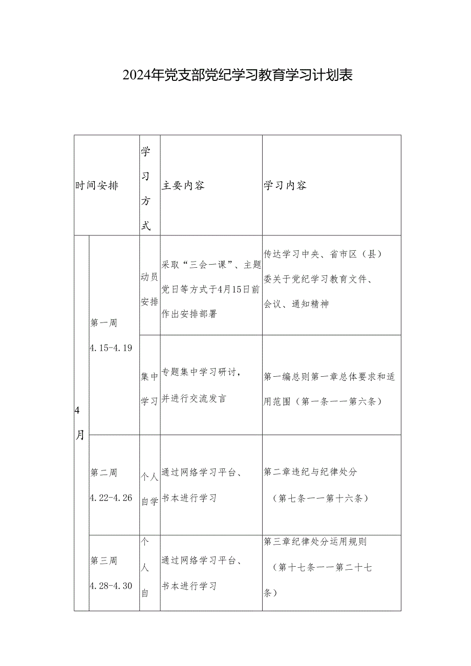 2024年党支部党纪学习教育学习计划表.docx_第1页