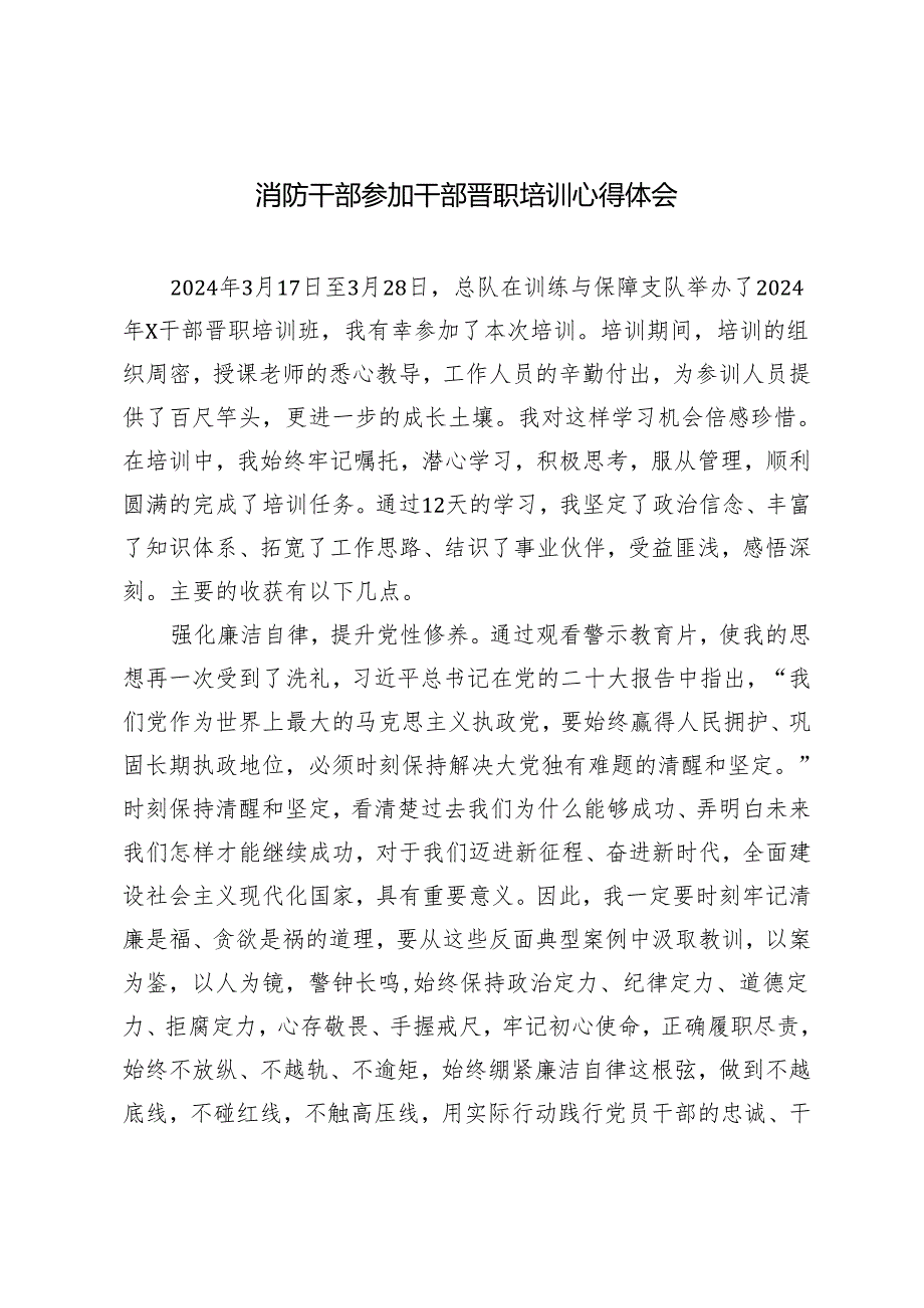 2篇 消防干部参加干部晋职培训心得体会消防救援队伍指挥员专业化培训心得体会.docx_第1页