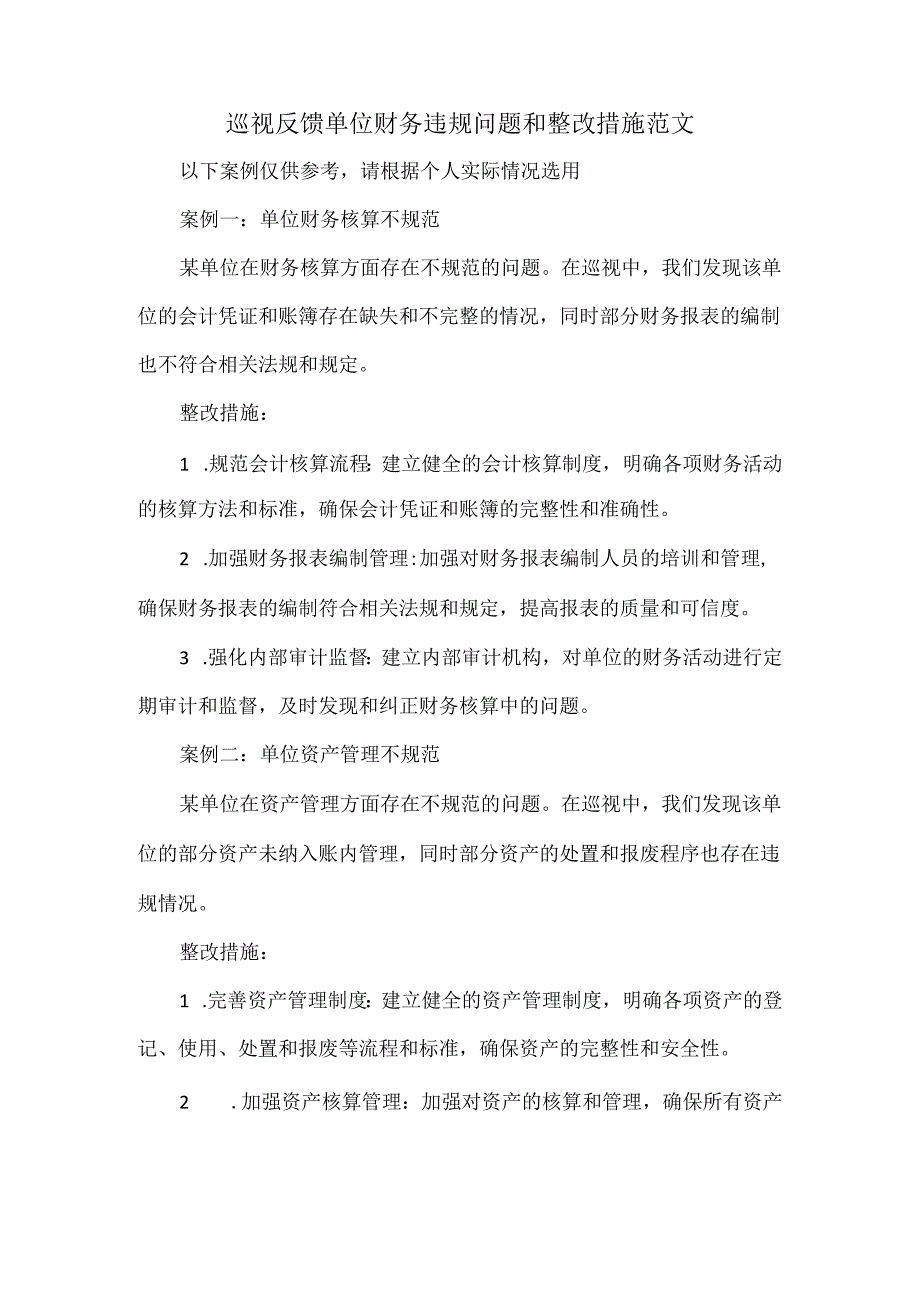 巡视反馈单位财务违规问题和整改措施范文.docx_第1页