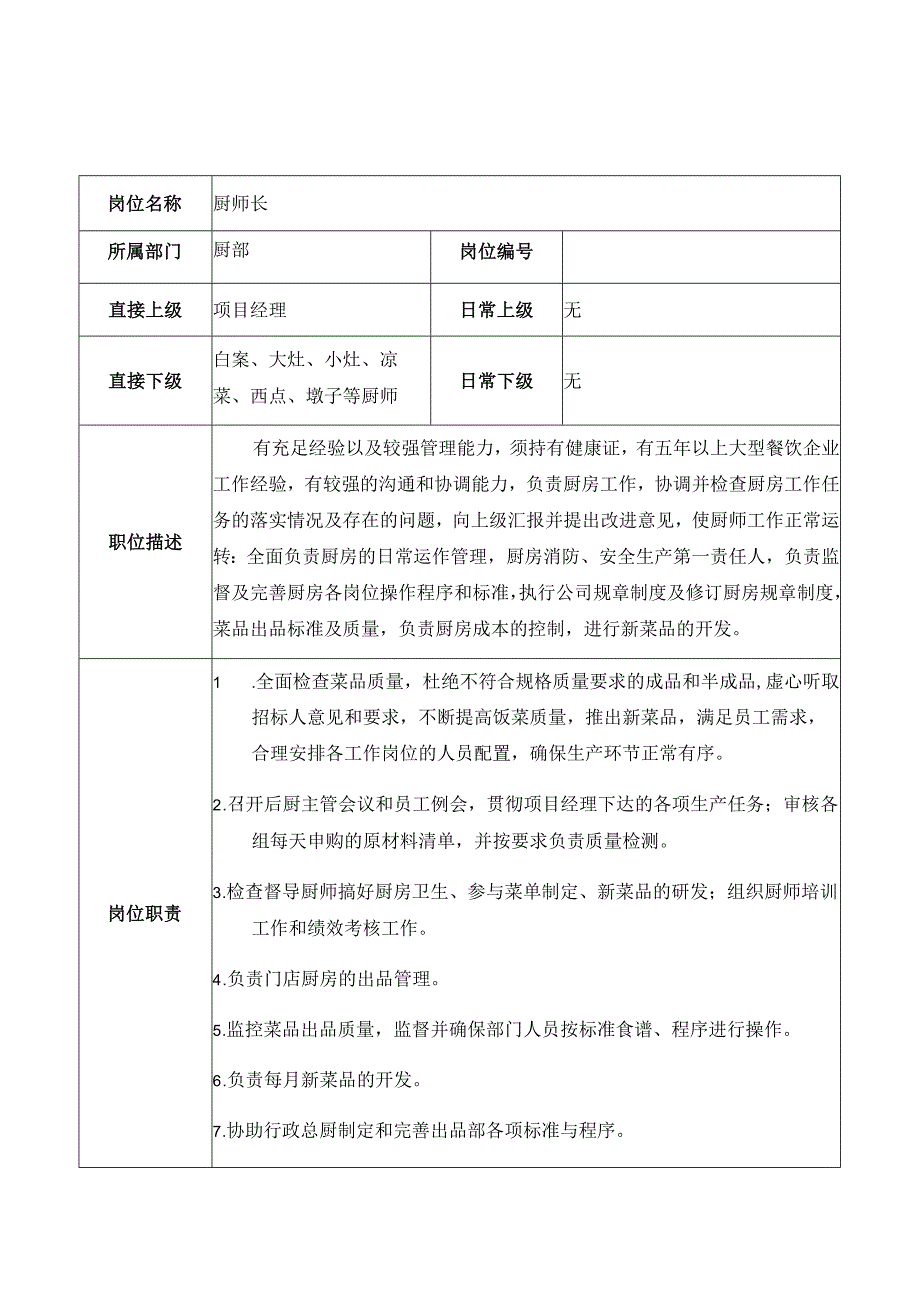 餐厅厨师长及各工种厨师岗位职责.docx_第1页