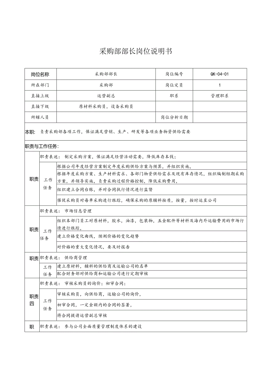 采购部部长岗位说明书.docx_第1页