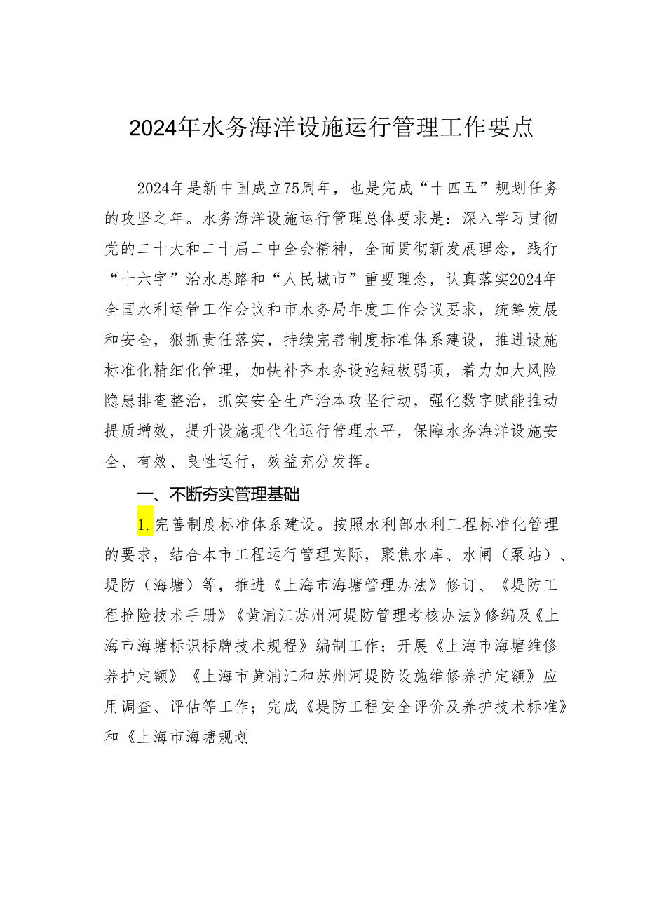 2024年水务海洋设施运行管理工作要点.docx_第1页