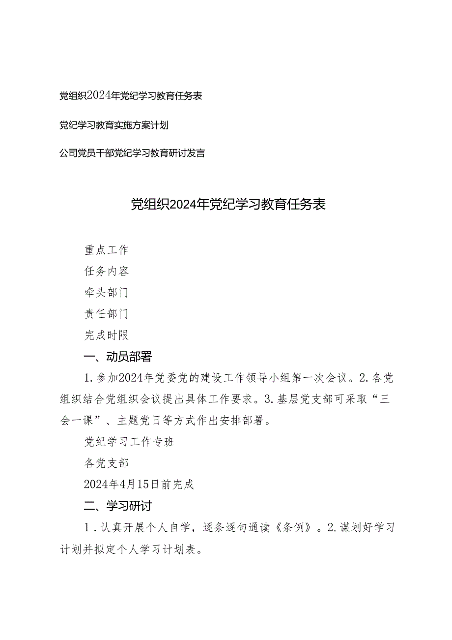 3篇 党组织2024年党纪学习教育任务表党纪学习教育实施方案计划.docx_第1页