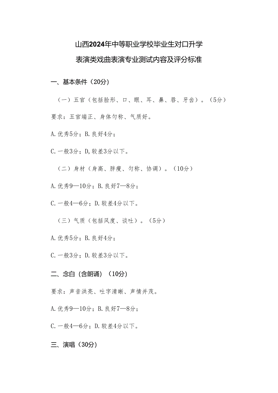 山西2024年中等职业学校毕业生对口升学表演类戏曲表演专业测试内容及评分标准.docx_第1页