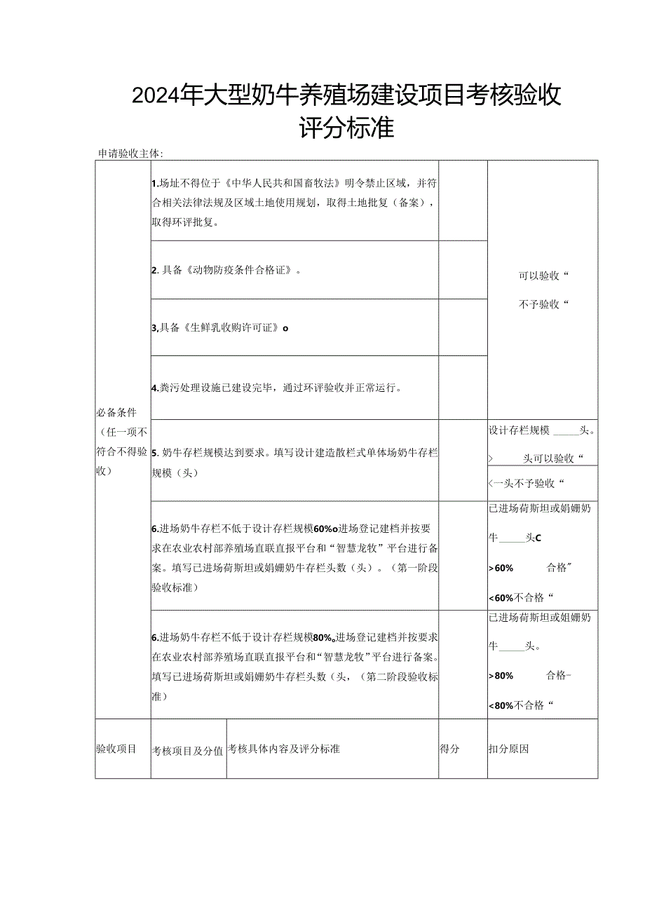 2024年大型奶牛养殖场建设项目考核验收评分标准.docx_第1页