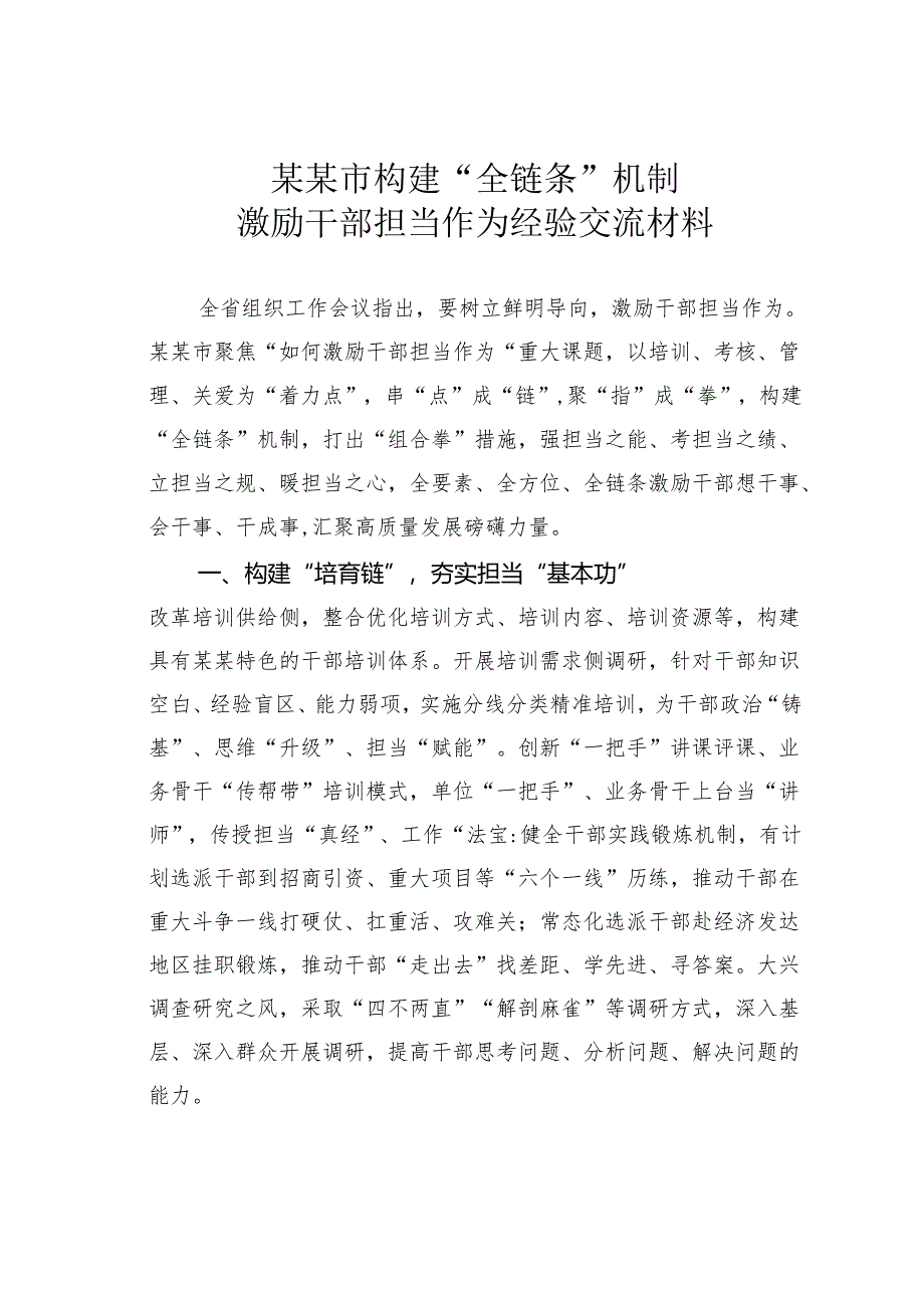 某某市构建“全链条”机制激励干部担当作为经验交流材料.docx_第1页