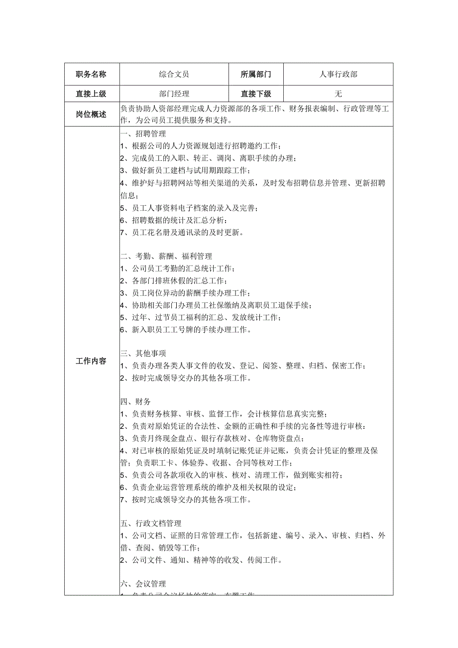 综合文员岗位职责说明书.docx_第1页