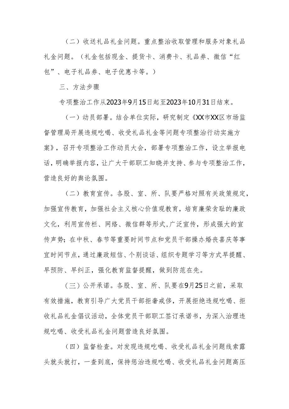 XX区市场监督管理局开展违规吃喝、收受礼品礼金等问题专项整治行动实施方案.docx_第2页