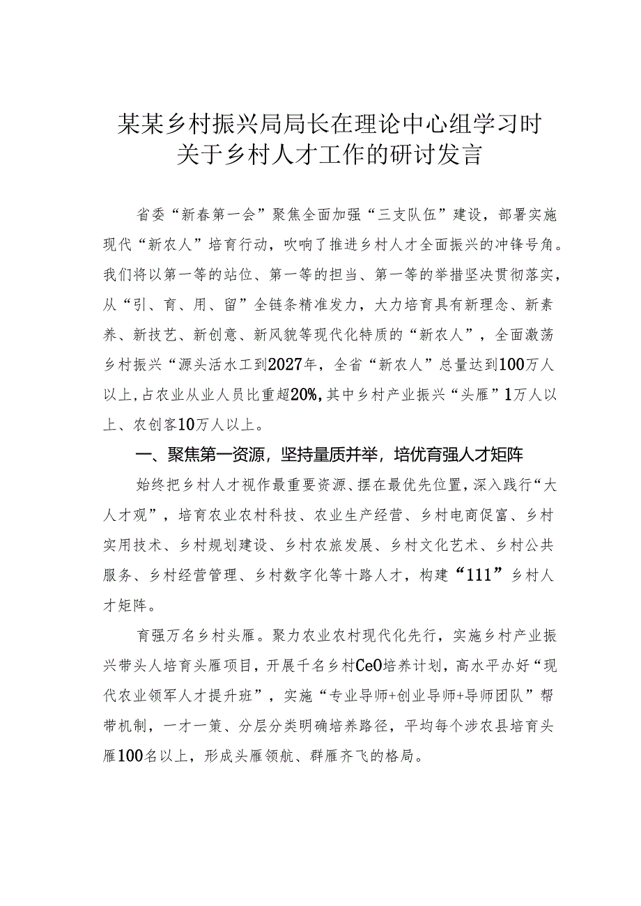 某某乡村振兴局局长在理论中心组学习时关于乡村人才工作的研讨发言.docx_第1页