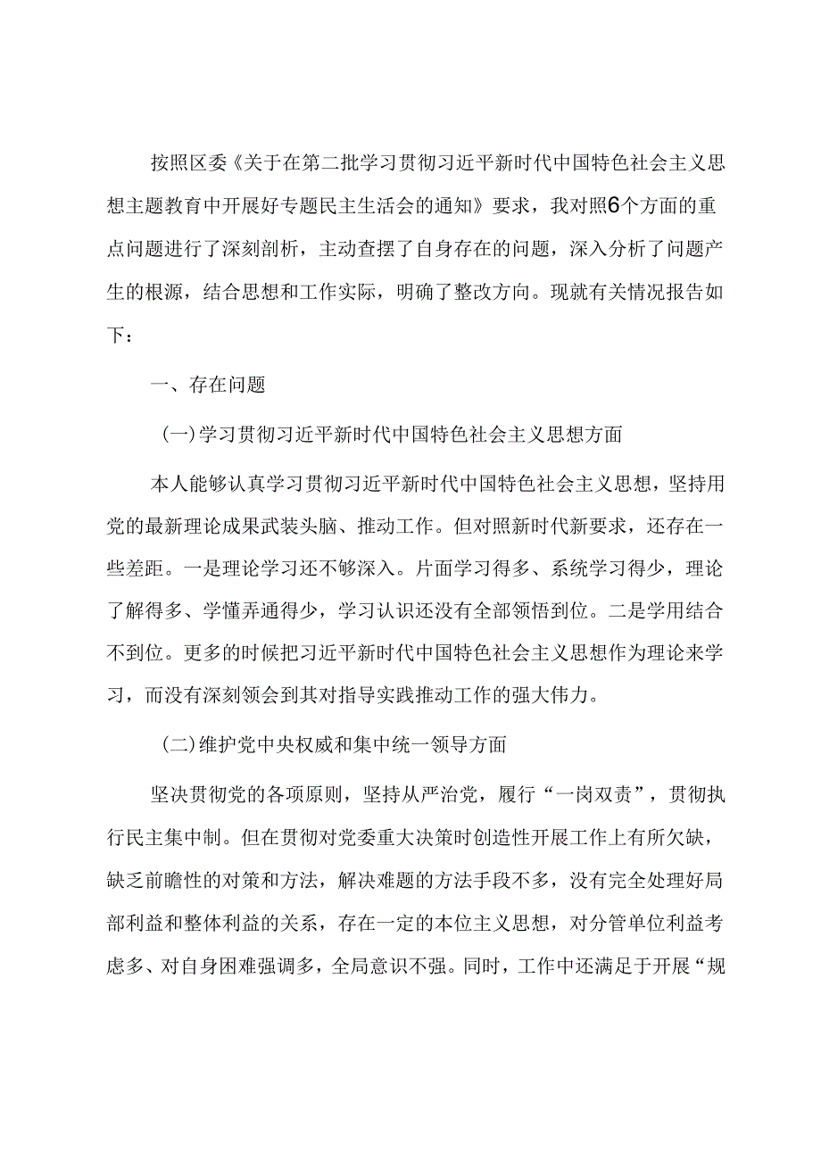 市局副职主题教育专题民主生活会个人对照检查材料.docx_第1页