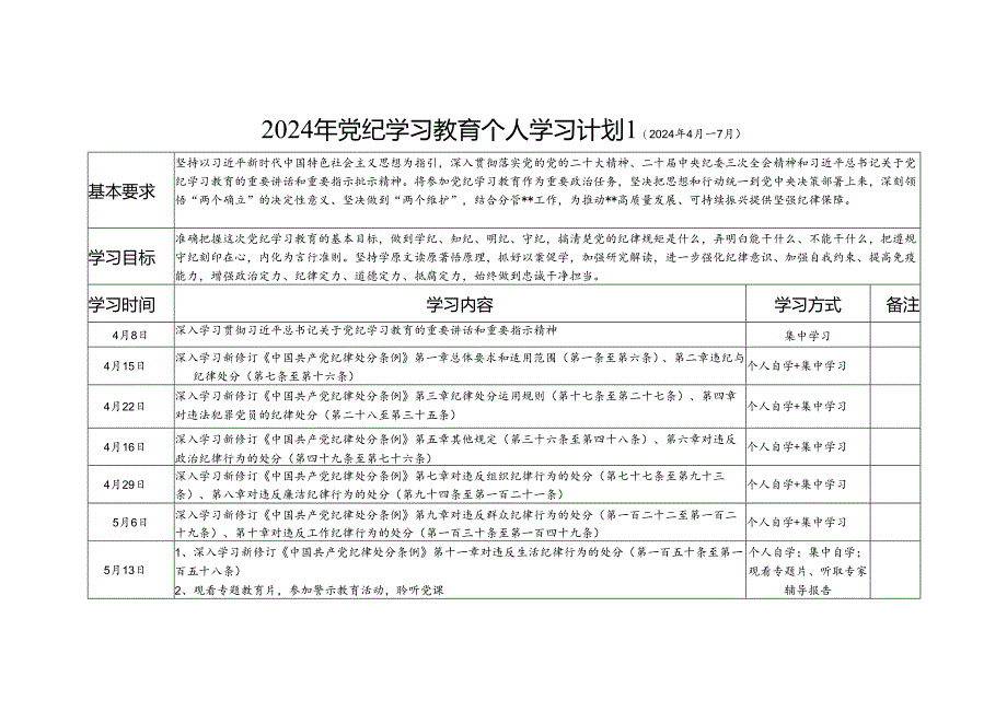 党支部党员干部2024年党纪学习教育个人学习计划表2份（word可编辑版）.docx_第2页