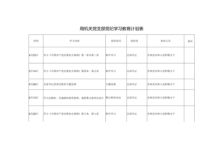 （三篇）2024年局机关党支部党纪学习教育计划表.docx_第1页