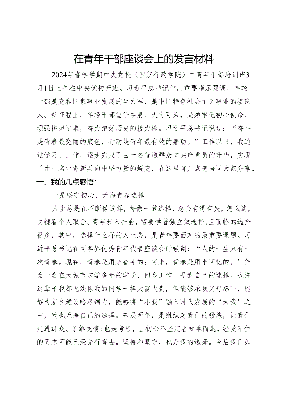 在青年干部座谈会上的发言材料.docx_第1页