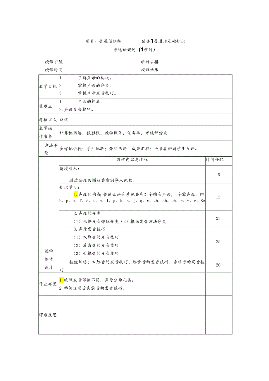 普通话与幼儿教师口语课程教案项目一 普通话训练：声母概述课程教案.docx_第1页