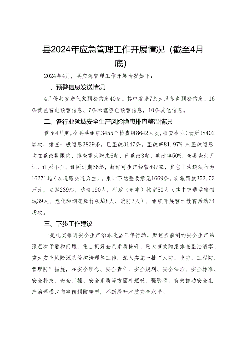 县2024年应急管理工作开展情况（截至4月底）.docx_第1页