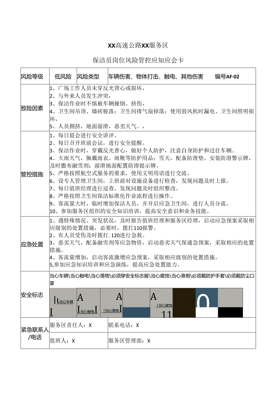 XX高速公路XX服务区保洁员岗位风险管控应知应会卡（2024年）.docx_第1页