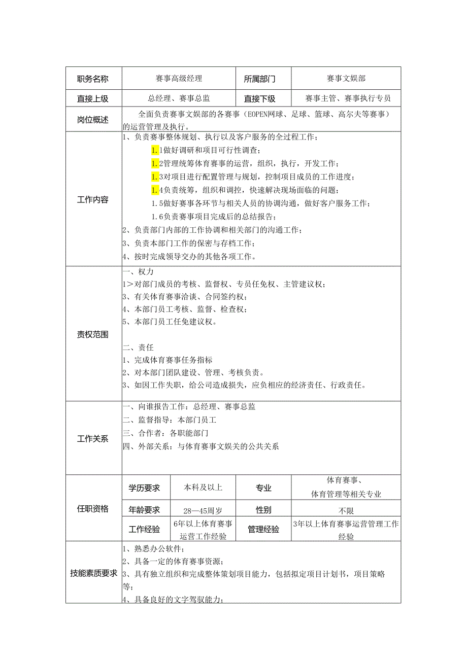 赛事文娱经理岗位职责说明书.docx_第1页