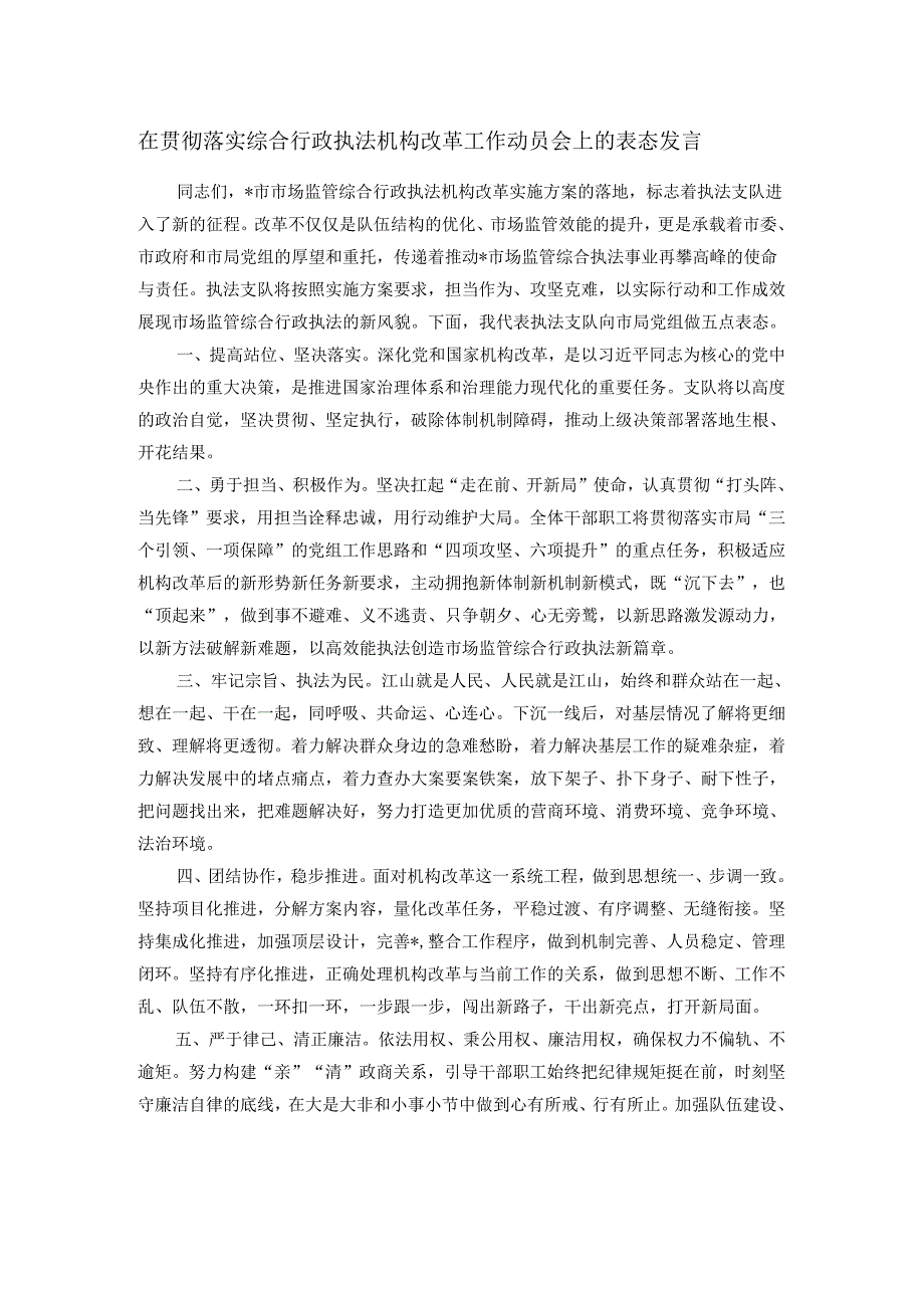 在贯彻落实综合行政执法机构改革工作动员会上的表态发言.docx_第1页