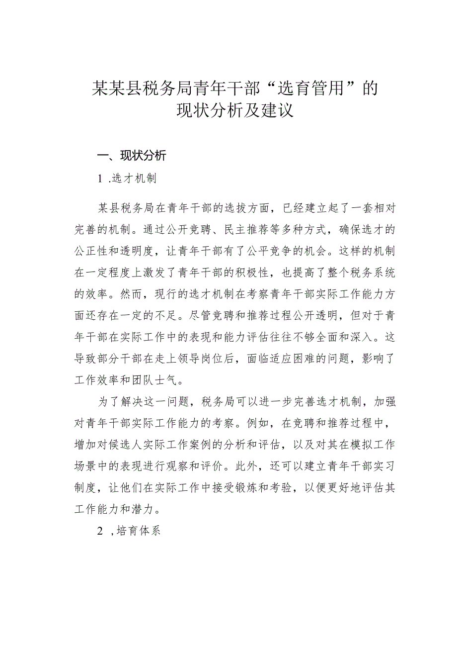 某某县税务局青年干部“选育管用”的现状分析及建议.docx_第1页