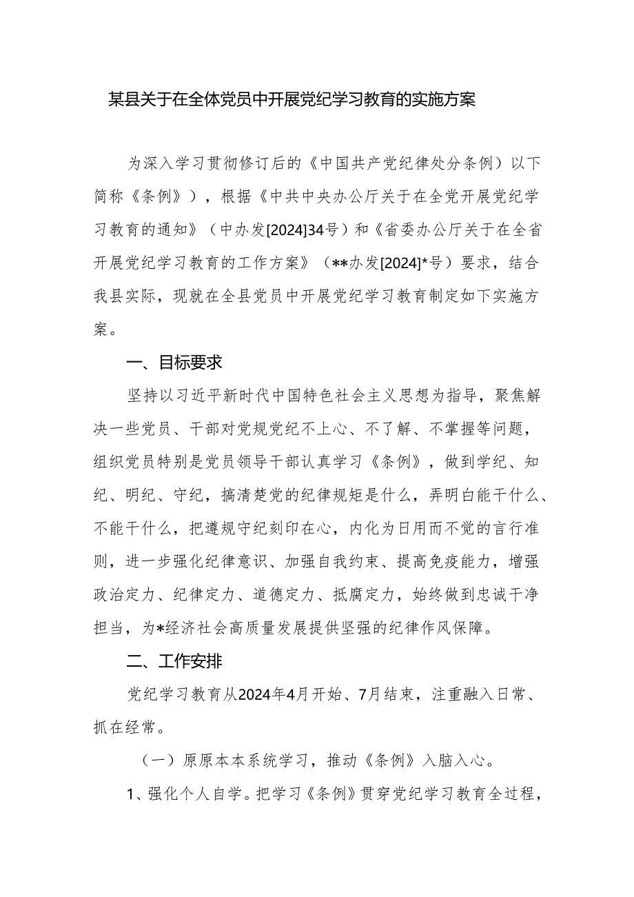 2024年某县关于在全体党员中开展党纪学习教育的实施方案.docx_第1页