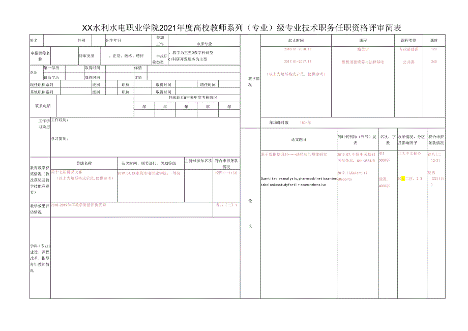 XX水利水电职业学院2021年度高校教师系列（专业）X级专业技术职务任职资格评审简表（2024年）.docx_第1页