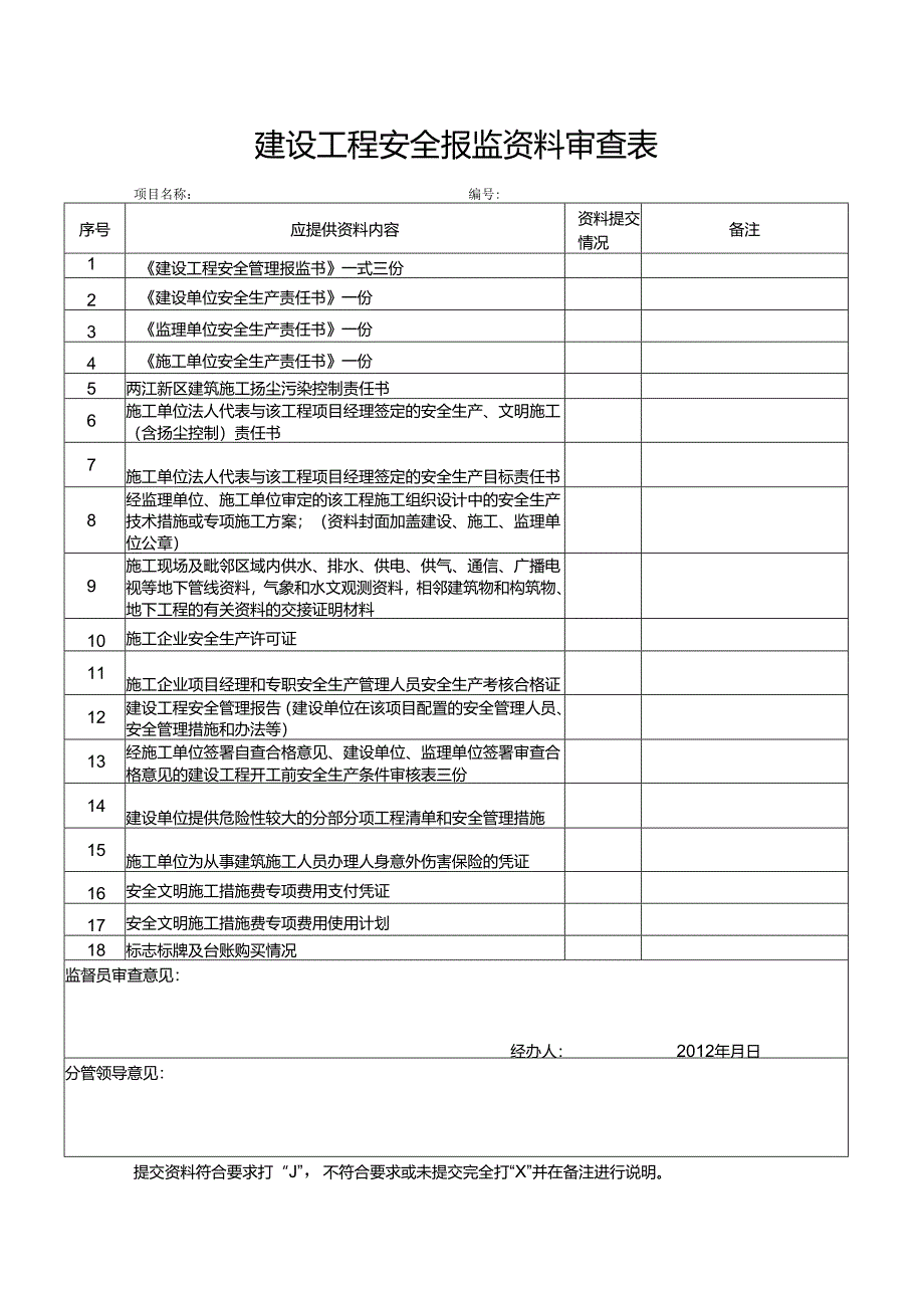 质量、安全报监资料审查表（样表）.docx_第1页