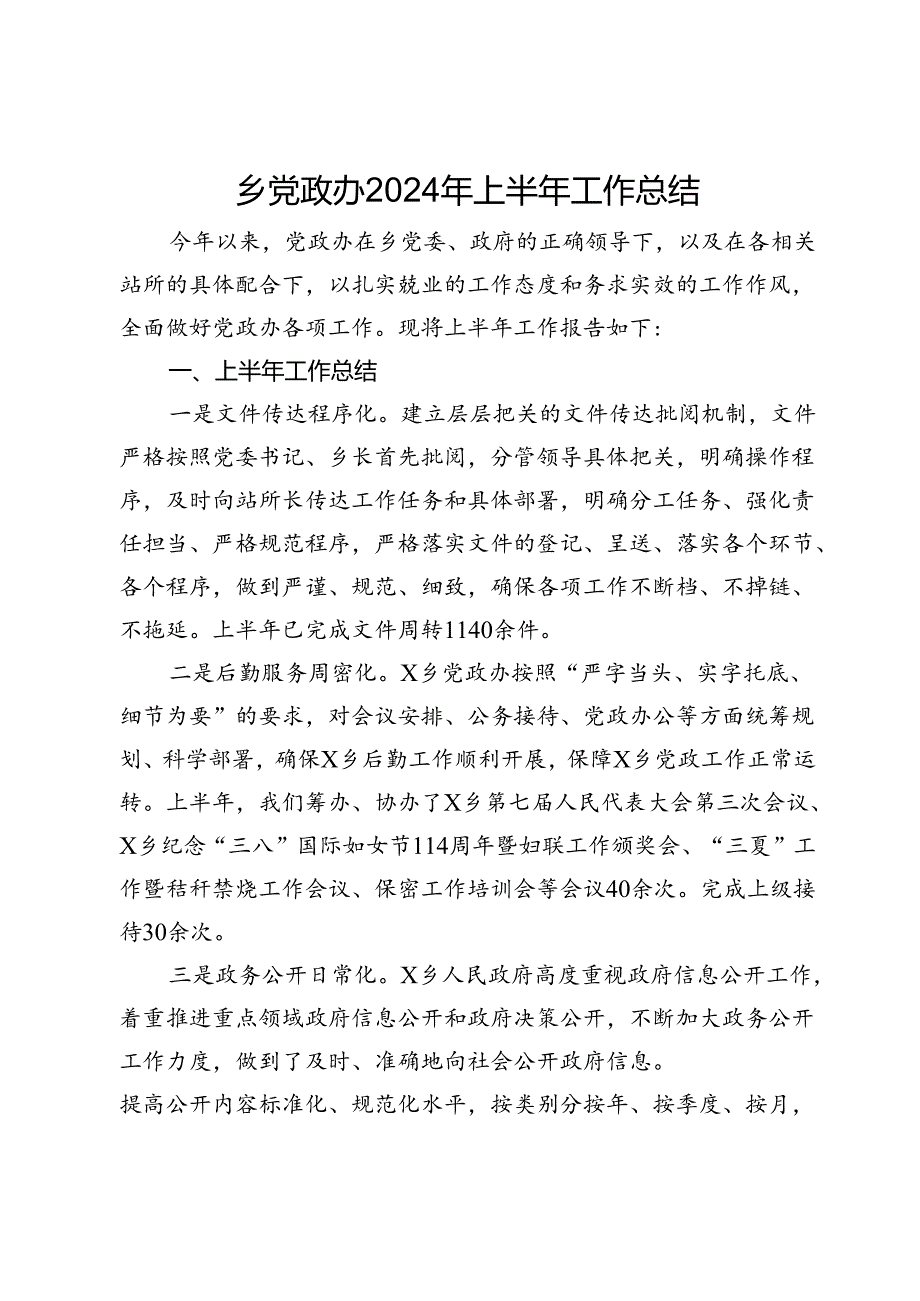 乡党政办2024年上半年工作总结.docx_第1页