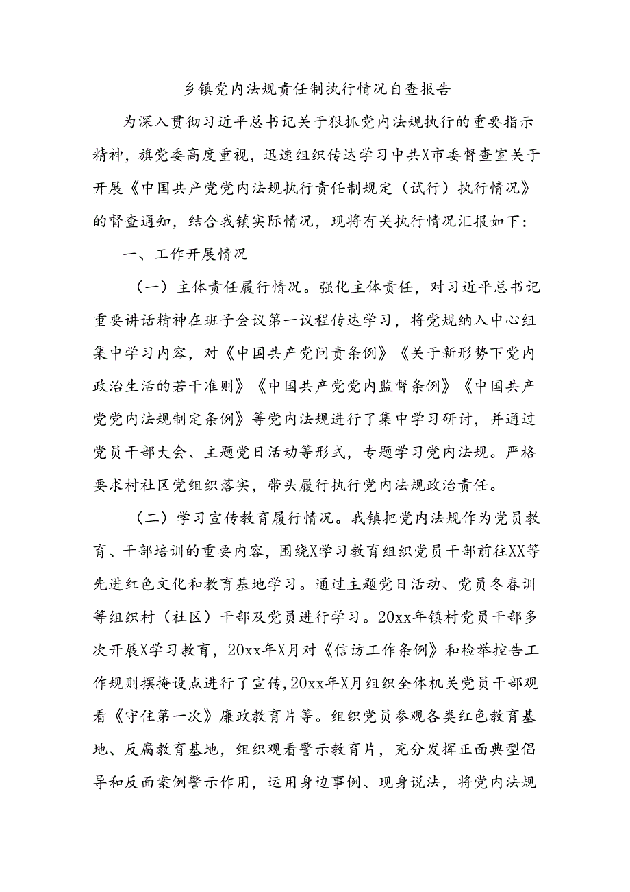 乡镇党内法规责任制执行情况自查报告.docx_第1页