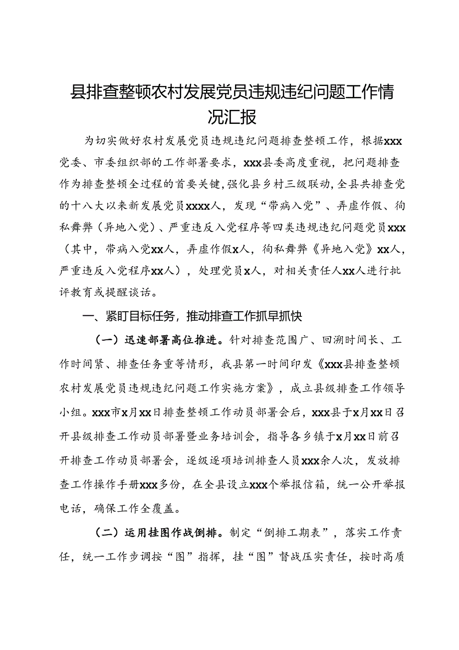 县排查整顿农村发展党员违规违纪问题工作情况汇报.docx_第1页