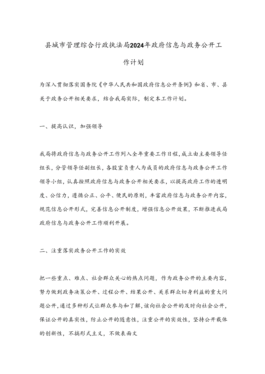 县城市管理综合行政执法局2024年政府信息与政务公开工作计划.docx_第1页