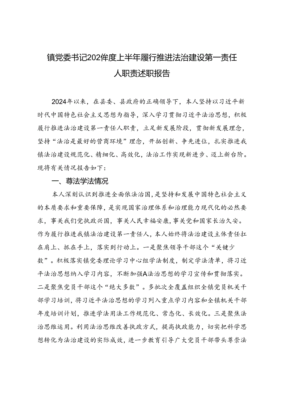 2024年度上半年镇党委书记履行推进法治建设第一责任人职责述职报告.docx_第1页