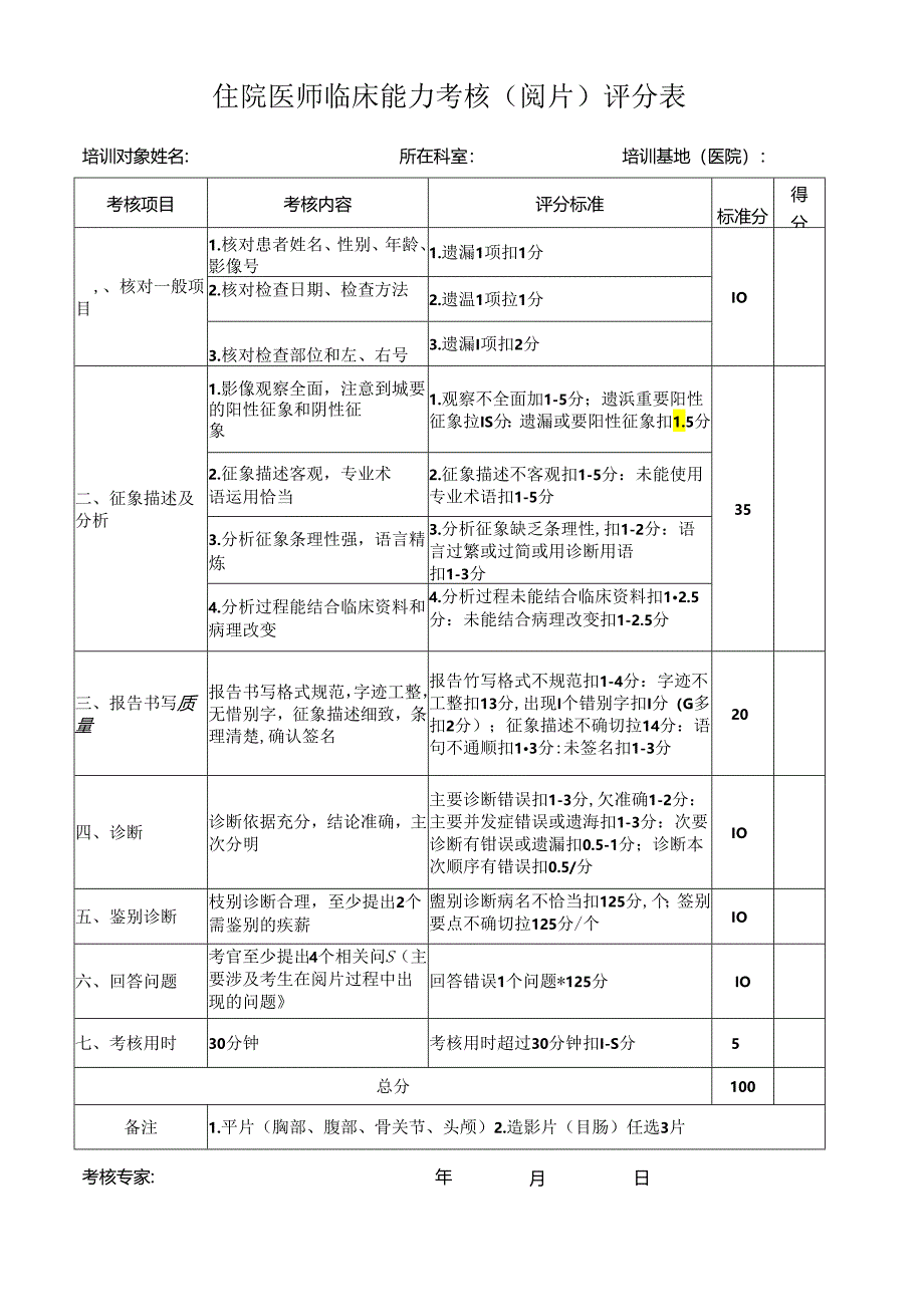 住院医师临床能力考核（阅片）评分表（医院放射科表格模板）.docx_第1页