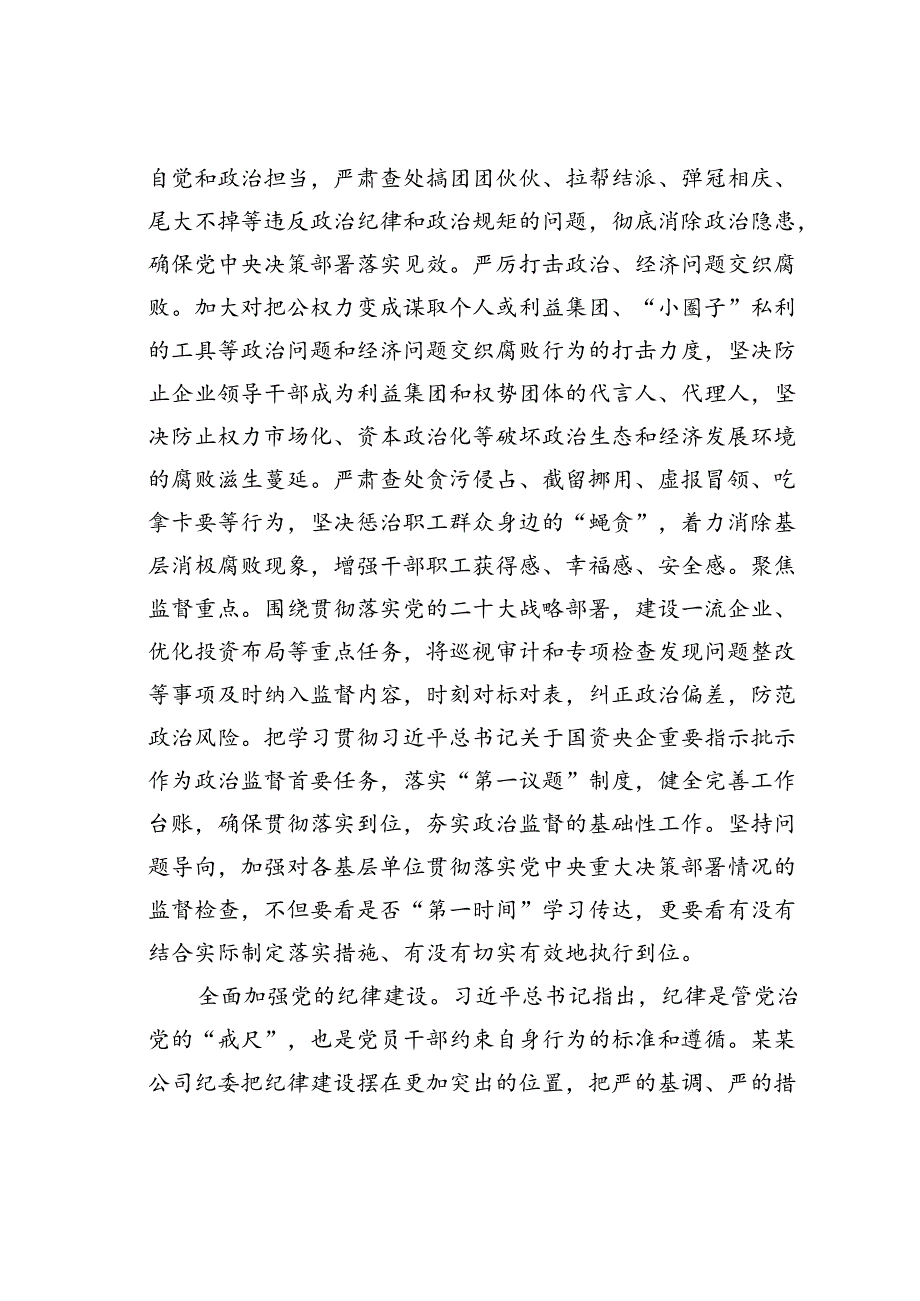 某某公司纪委书记在2024年国资国企纪检监察工作座谈会上的交流发言.docx_第2页