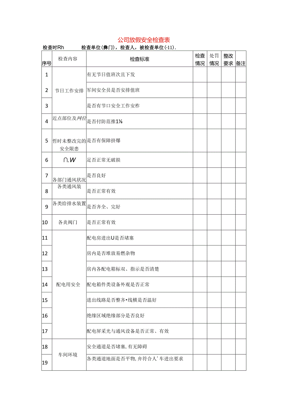 公司放假安全检查表.docx_第1页