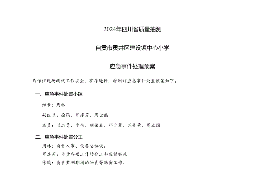 建设小学2024年四川省质量抽测应急预案.docx_第1页