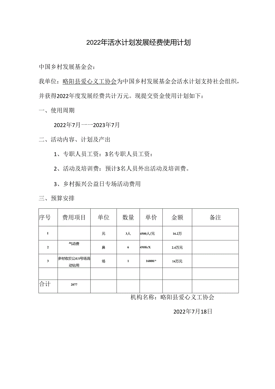 活水计划发展经费使用计划-模板.docx_第1页