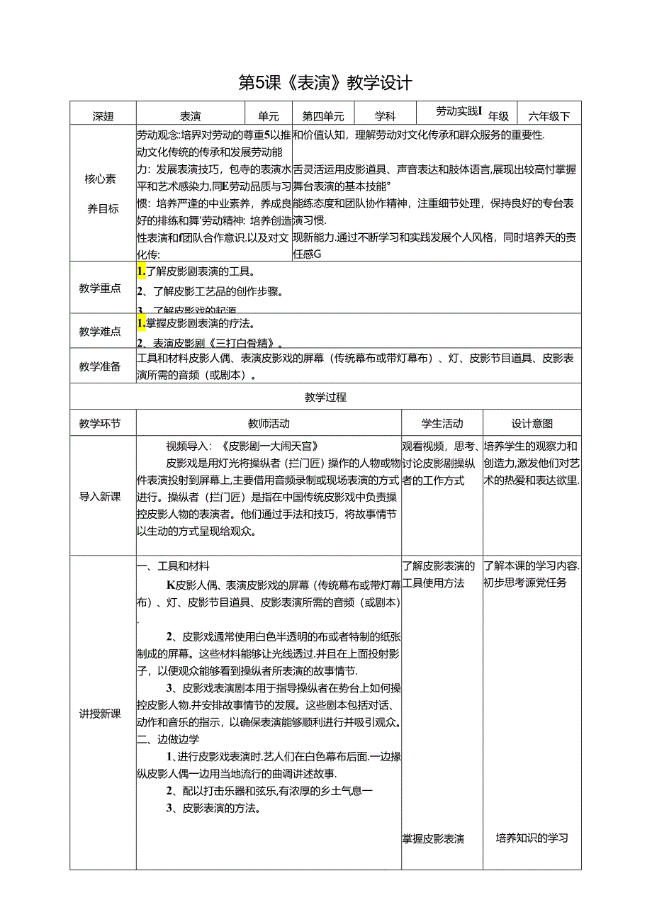 湘教版劳动实践六年级下册专题4.5《表演》教案.docx_第1页