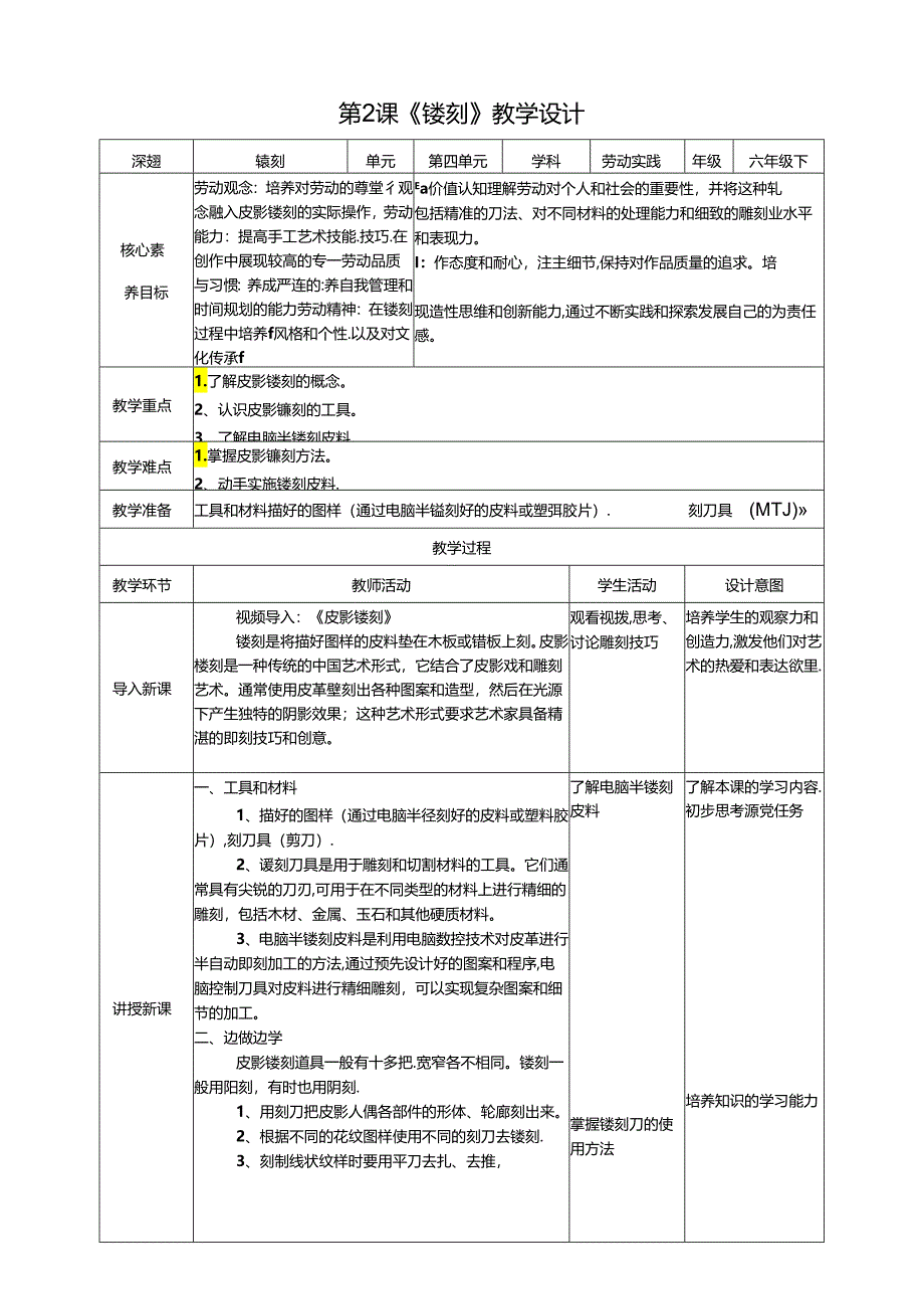 湘教版劳动实践六年级下册专题4.2《镂刻》教案.docx_第1页