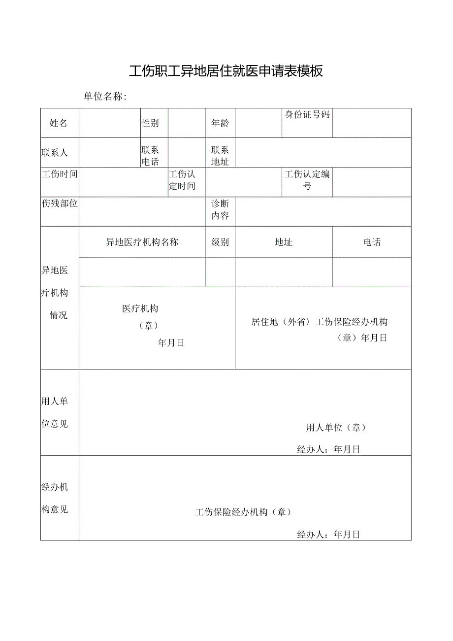 工伤职工异地居住就医申请表模板.docx_第1页