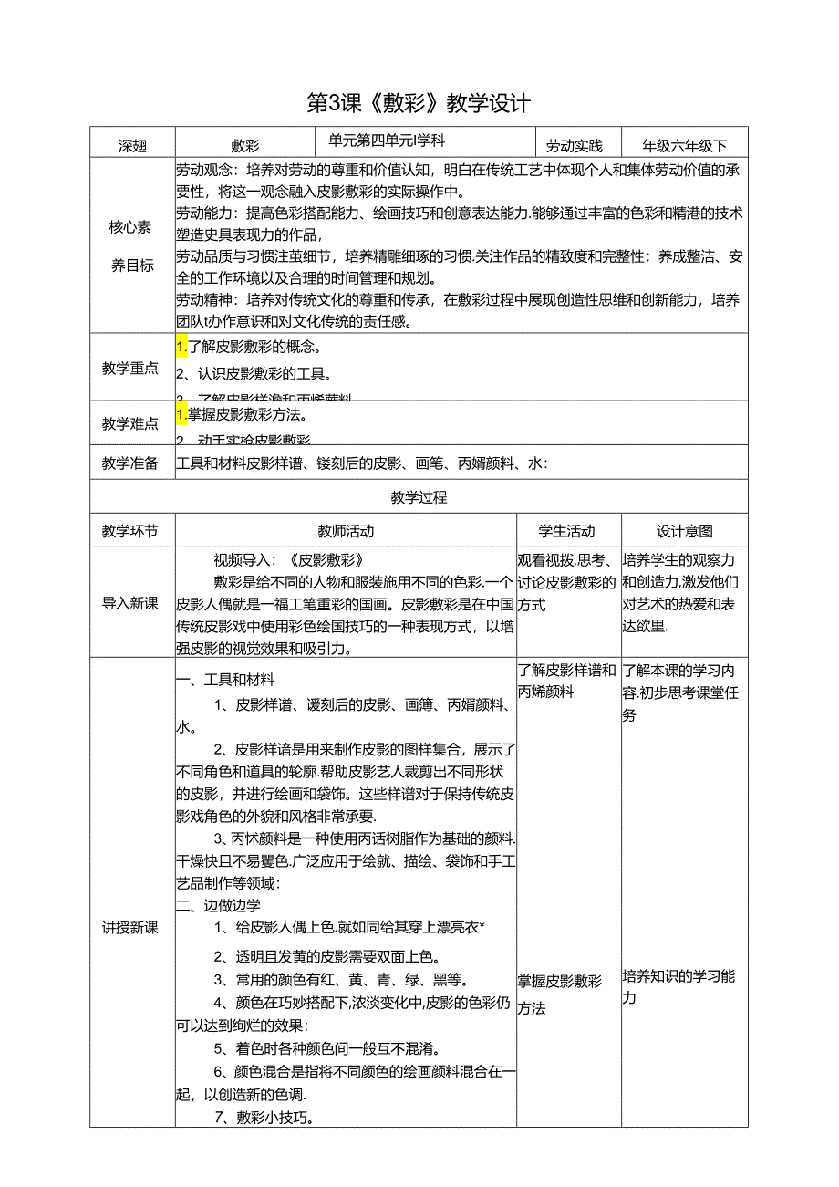 湘教版劳动实践六年级下册专题4.3《敷彩》教案.docx_第1页